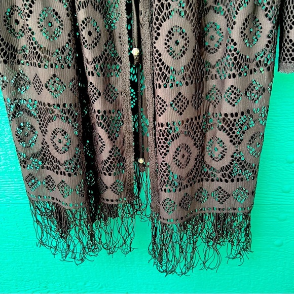 BLACK LACE LONGLINE DRAWSTRING FRINGE CARDIGAN WHIMSIGOTH SIZE XL NWT - Picture 3 of 8